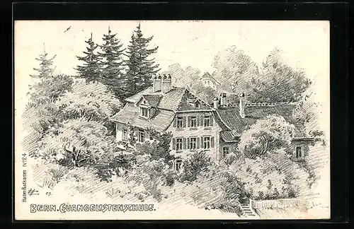 Künstler-AK Bern, Evangelistenschule aus der Vogelschau