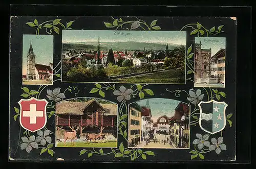 Passepartout-AK Zofingen, Ortsansicht, Vordere Hauptstrasse, Thutbrunnen, Wappen