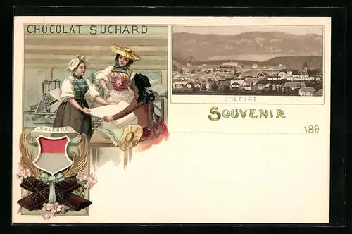 Lithographie Soleure, Ortsansicht und Reklame Suchard-Schokolade
