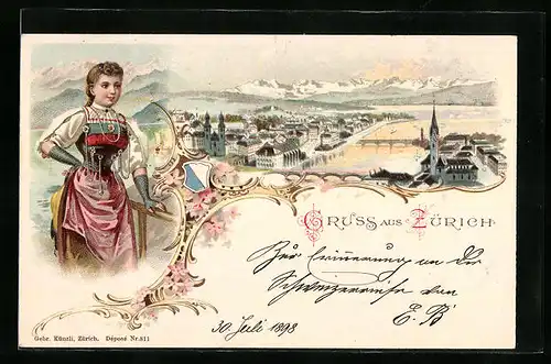 Lithographie Zürich, Ortsansicht aus der Vogelschau und Züricherin in Tracht