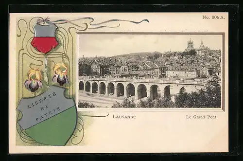 Passepartout-Lithographie Lausanne, Grosse Brücke und Wappen mit Blumen