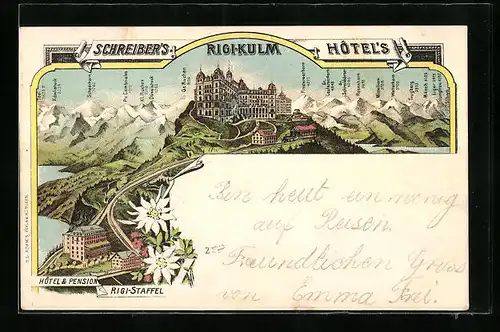 Lithographie Rigi-Kulm, Hotel & Pension Rigi-Staffel und Hotel Rigi-Kulm mit Bergkette und Strasse