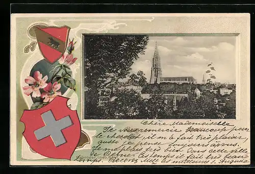 Passepartout-Lithographie Bern, Teilansicht mit Kirche, Wappen mit Blumen