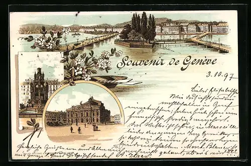 Lithographie Genf, Panorama vom Wasser aus, Strassenpartie, Brunnen