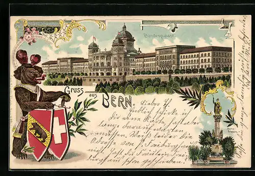 Lithographie Bern, Bär mit Wappenschildern, Bundespalast
