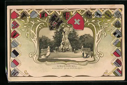 Passepartout-Lithographie Neuchatel, Monument de la Republique, Schweizer Kantonswappen