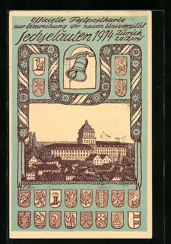 Künstler-AK Zürich, Festpostkarte Sechseläuten 1914 - Teilansicht, Glocke, Kantonswappen