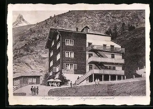 AK Zermatt, Triftbach, Pension Graven mit Strasse und Gästen