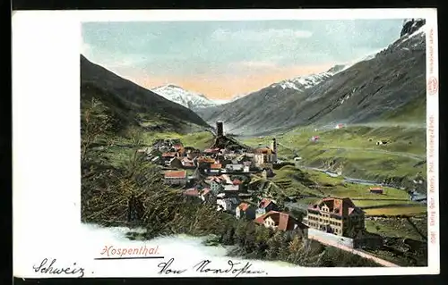 AK Hospenthal, Blick auf den Ort mit Berglandschaft