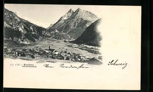 AK Evolene, Ortsansicht gegen die Berge