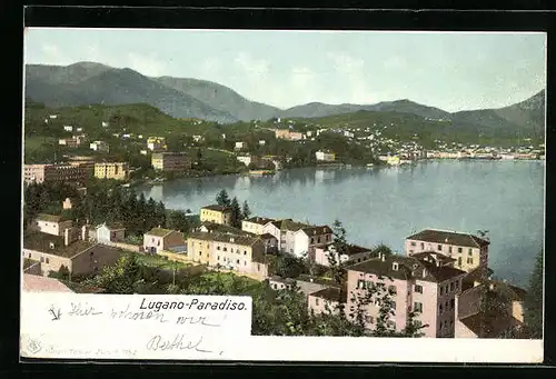 AK Lugano, Stadt aus der Vogelschau mit Berglandschaft im Hintergrund