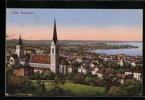 AK Rorschach, Ortsansicht mit Kirche und Blick in die Ferne