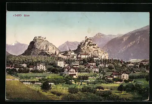 AK Sion, Ortsansicht mit Blick auf Burg und Schloss