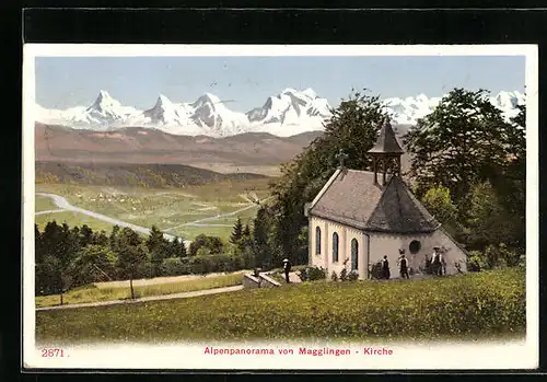 AK Magglingen, Alpenpanorama mit Kirche