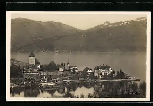 AK Spiez, Ortsansicht mit Thunersee aus der Vogelschau