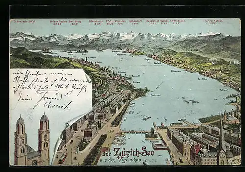 Künstler-AK Zürich, Kirche, Der Zürich-See mit Tödi, Drusberg und Glärnisch
