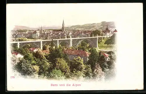 AK Bern, Teilansicht mit Brücke und den Alpen