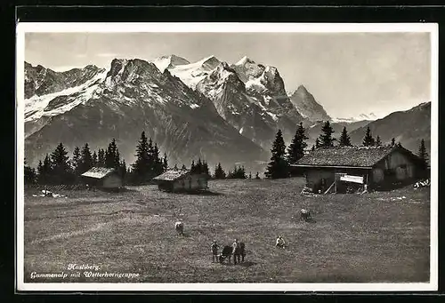 AK Hasliberg, Gummenalp mit Wetterhorngruppe und Kühen