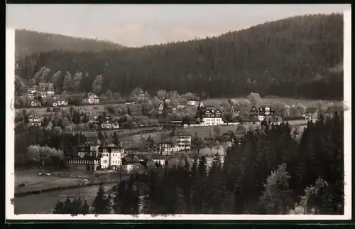 Fotografie Brück & Sohn Meissen, Ansicht Bärenfels i. Erzg., Blick auf den Ort mit Hotel Kaiserhof, Felsenburg und Villa