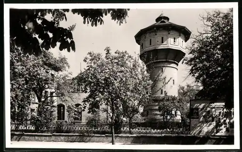 Fotografie Brück & Sohn Meissen, Ansicht Riesa / Elbe, Partie am Wasserturm mit Plakatwand