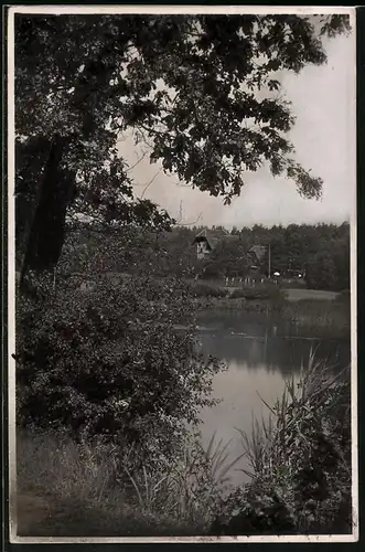 Fotografie Brück & Sohn Meissen, Ansicht Schmannewitz i. Sa., Blick über den Teich zum Ort