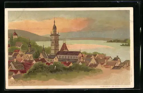 Lithographie Ueberlingen, Teilansicht mit Blick auf Gewässer