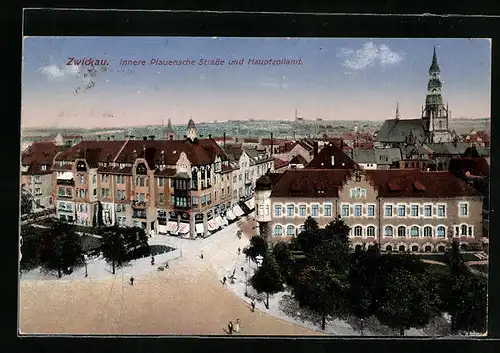 AK Zwickau /Sa., Innere Plauensche Strasse und Hauptzollamt von oben gesehen