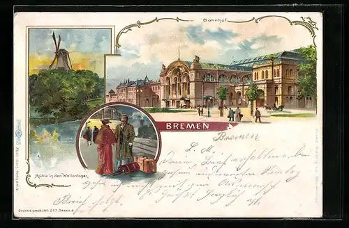 Lithographie Bremen, Bahnhof mit Vorplatz, Mühle in den Wallanlagen