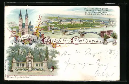 Lithographie Coblenz, Teilansicht, Kastorkirche, Kaiserin Augusta-Denkmal