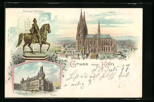 Lithographie Köln, Dom aus der Vogelschau, Partie an der Post