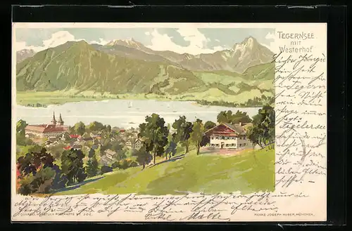 Lithographie Tegernsee, Ortsansicht mit Haus Westerhof