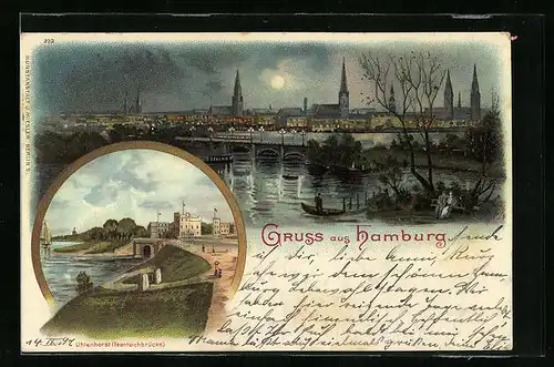 Mondschein-Lithographie Hamburg, Panorama der Stadt, Uhlenhorst (Feenteichbrücke)