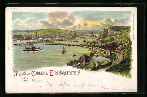 Lithographie Coblenz-Ehrenbreitstein, Ortsansicht mit Bahnhof und Umgebung aus der Vogelschau