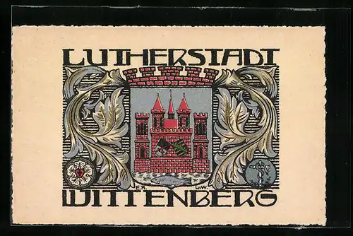 Lithographie Wittenberg, Stadtwappen mit Ornamenten