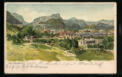 Lithographie Reichenhall, Ortsansicht mit Blick auf Berge