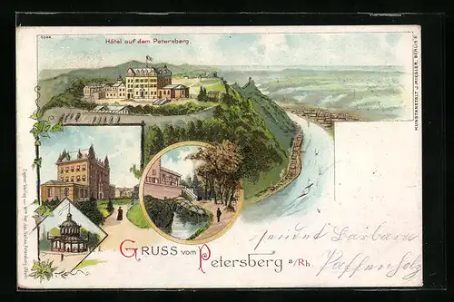 Lithographie Petersberg /Rhein, Hotel auf dem Petersberg
