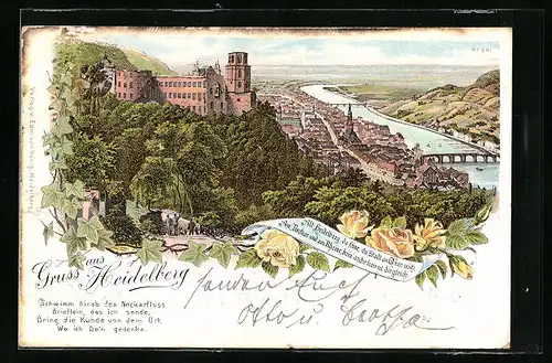 Lithographie Heidelberg, Gesamtansicht mit Burg aus der Vogelschau