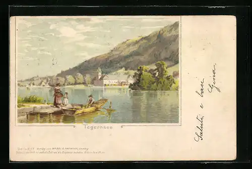 Lithographie Tegernsee, Seepartie mit Kahn