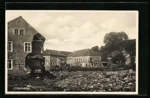 AK Gottleuba, Ortspartie in Trümmern nach der Hochwasserkatastrophe am 8. Juli 1927