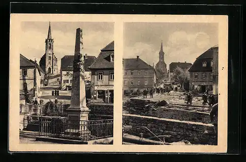 AK Berggiesshübel, Platz an der Brücke mit alter Wegsäule vor und nach der Hochwasserkatastrophe am 8. Juli 1927