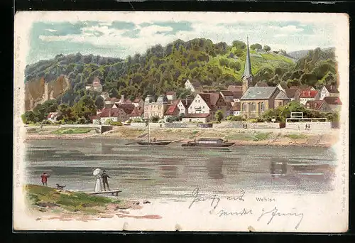 Lithographie Wehlen, Totalansicht des anderen Elbufers