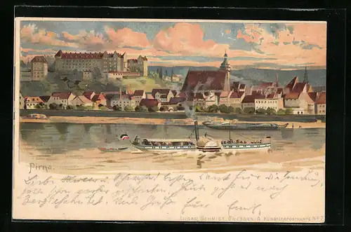 Künstler-AK Pirna, Ortsansicht mit Elbpartie und Dampfer