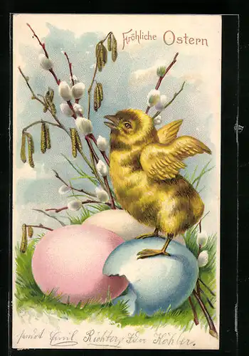 Präge-AK Osterküken auf Ostereiern