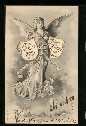 Präge-AK Weihnachtsengel schwebt über der Stadt