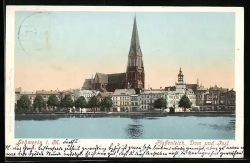 AK Schwerin i. M., Pfaffenteich mit Dom und Post