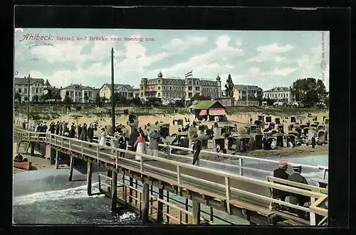 AK Ahlbeck, Strand und Brücke vom Seesteg aus