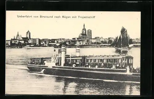 AK Stralsund, Überfahrt von Stralsund nach Rügen mit Trajectschiff