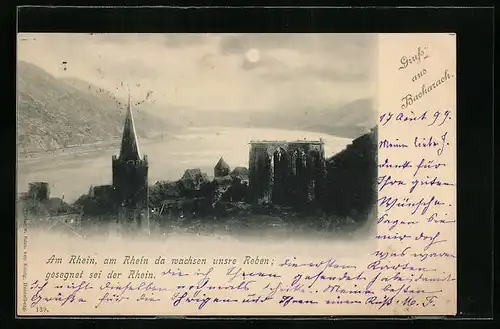 Mondschein-AK Bacharach, Kirche mit See im Vollmondlicht