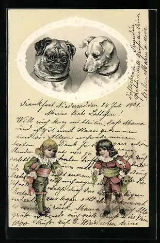 Passepartout-Lithographie Portrait zweier Hunde über Knaben
