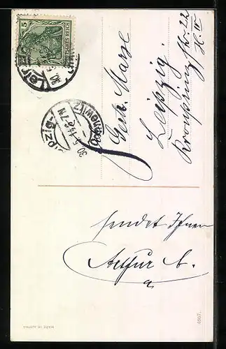 Künstler-AK Zwei Maikäfer auf einem hängenden Birkenzweig, Pfingstgruss